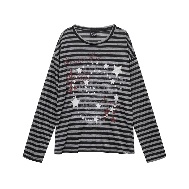 6212744455933,6212744455934, Striped Retro Graphic Long-Sleeve Lyocell T-Shirt