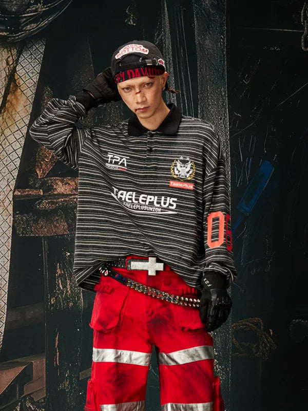 Striped Retro Jersey Polo Long Sleeve T-Shirt 1