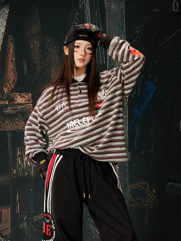 Striped Retro Jersey Polo Long Sleeve T-Shirt 2