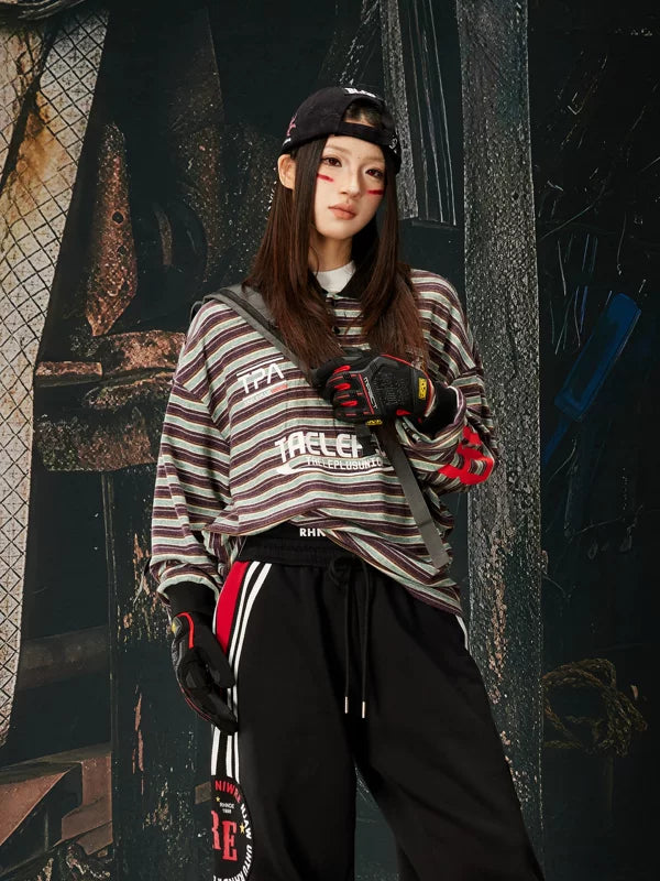 6181199666178,6181199666179,6181199666180,6181199666181, Striped Retro Jersey Polo Long Sleeve T-Shirt