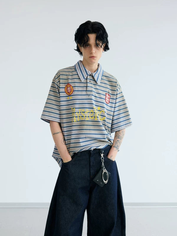 Striped Retro Polo Neck Short Sleeve Shirt 1