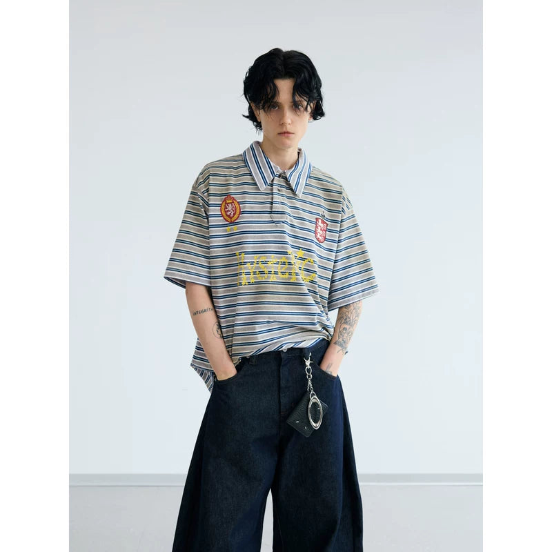 5736093832008,5736093832009,5736093832010, Striped Retro Polo Neck Short Sleeve Shirt