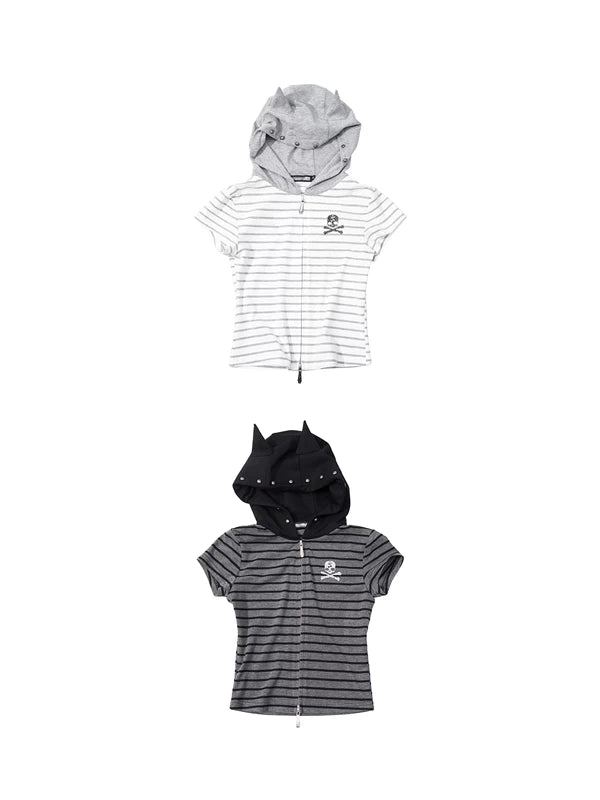 Striped Rhinestone Hooded Short Sleeve T-Shirt 5