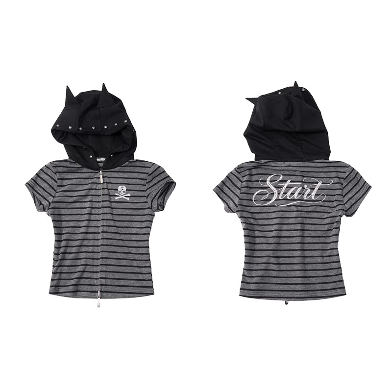 6266309938858,6266309938859,6266309938860,6266309938861, Striped Rhinestone Hooded Short Sleeve T-Shirt