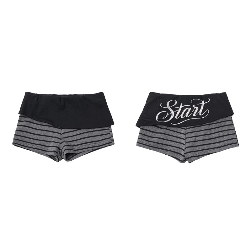 6266320586797,6266320586798,6266320586799,6266320586800, Striped Rhinestone Letter Print Mini Pants
