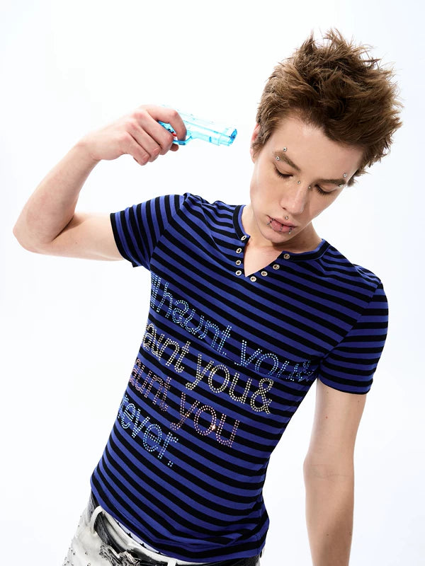Striped Rhinestone Letter Slim Fit T-Shirt 1