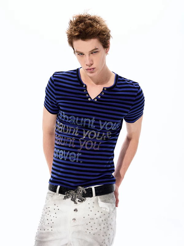 Striped Rhinestone Letter Slim Fit T-Shirt 2