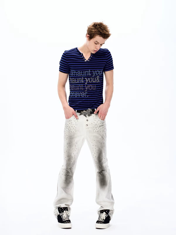Striped Rhinestone Letter Slim Fit T-Shirt 3