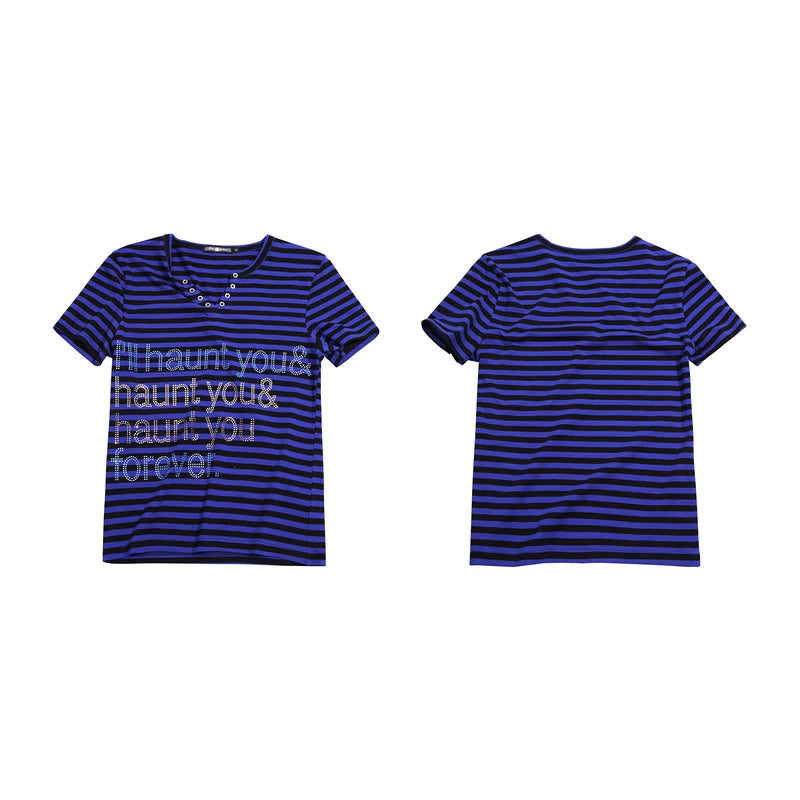 6244382383645,6244382383646,6244382383647,6244382383648, Striped Rhinestone Letter Slim Fit T-Shirt