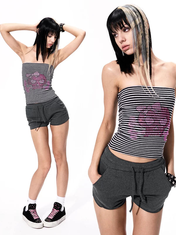 Striped Rhinestone Skull Strapless Tube Top 1