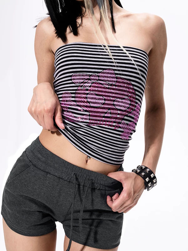 Striped Rhinestone Skull Strapless Tube Top 2