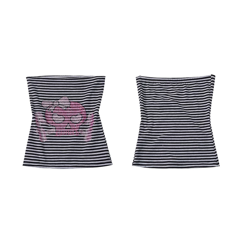 6094905793116,6094905793117,6094905793118,6094905793119, Striped Rhinestone Skull Strapless Tube Top