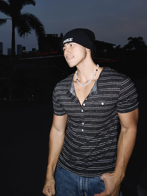 Striped Short-Sleeve Henley Shirt 1