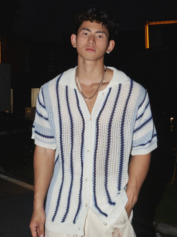 Striped Short-Sleeve Knit Button-Down Shirt 1