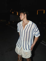 Striped Short-Sleeve Knit Button-Down Shirt 5