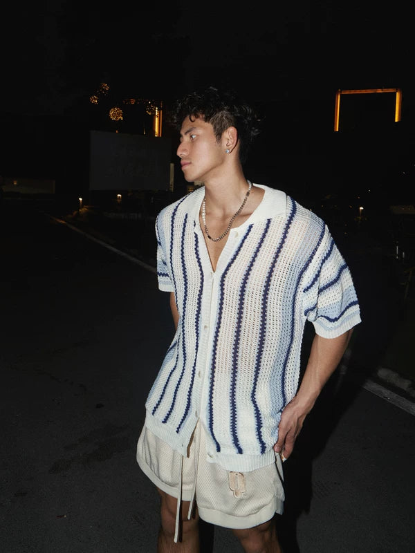 Striped Short-Sleeve Knit Button-Down Shirt 5