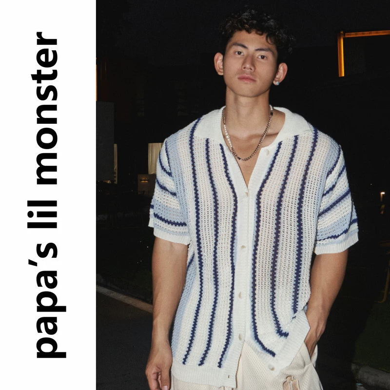 5476989174980,5476989174981,5476989174982, Striped Short-Sleeve Knit Button-Down Shirt