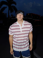 Striped Short Sleeve Knit Henley Sweater 1