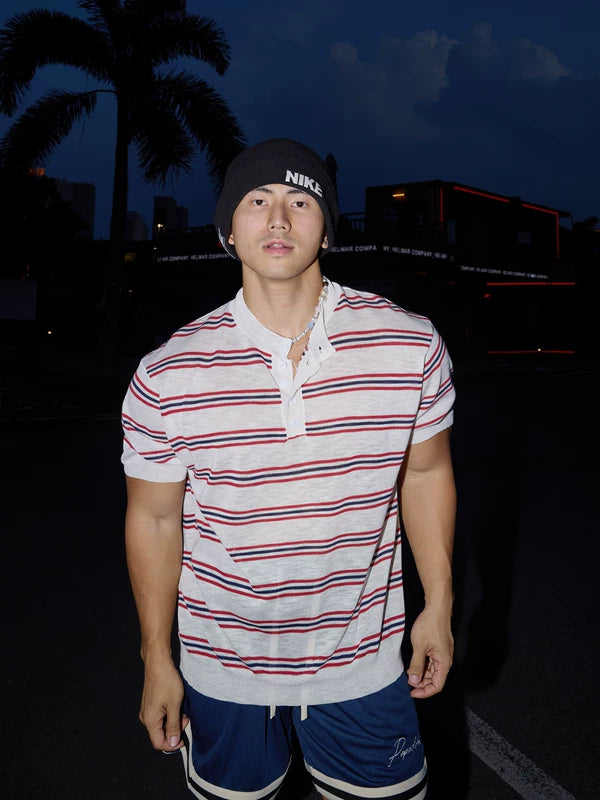 Striped Short Sleeve Knit Henley Sweater 1