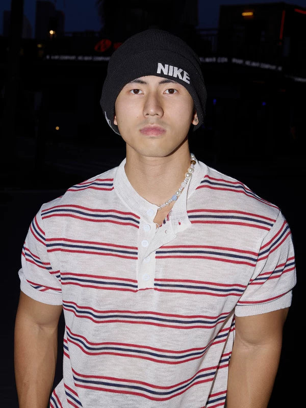 Striped Short Sleeve Knit Henley Sweater 5