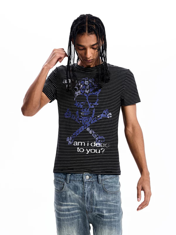 Striped Skull Rhinestone Print T-Shirt 2