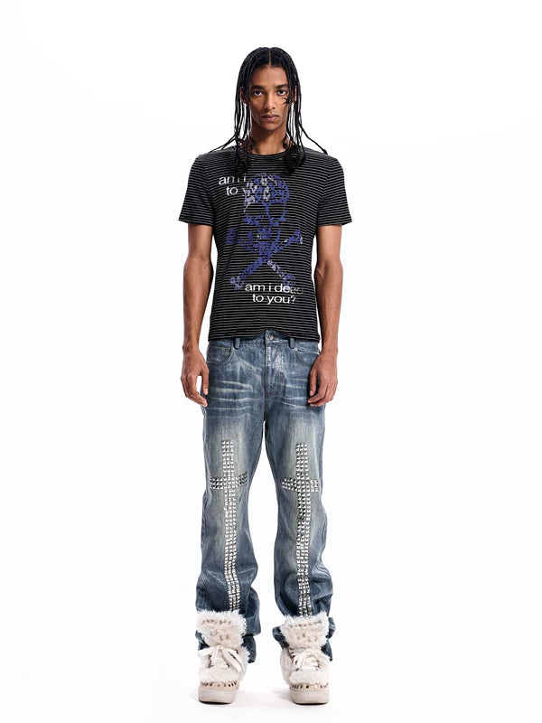 Striped Skull Rhinestone Print T-Shirt 3