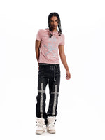 Striped Skull Rhinestone Print T-Shirt 4