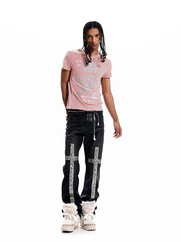 Striped Skull Rhinestone Print T-Shirt 4