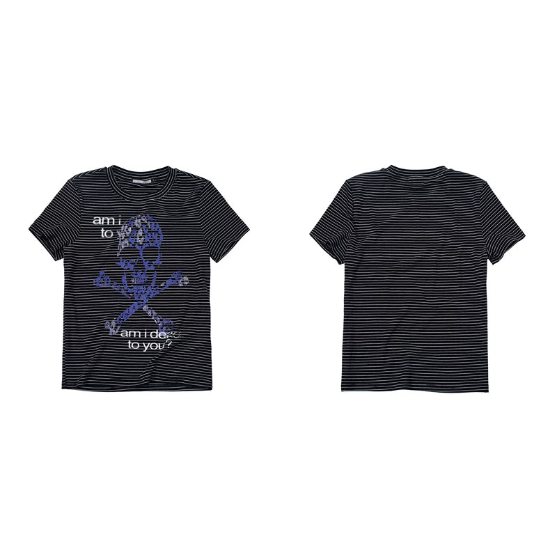 6100548092413,6100548092414,6100548092415,6100548092416, Striped Skull Rhinestone Print T-Shirt