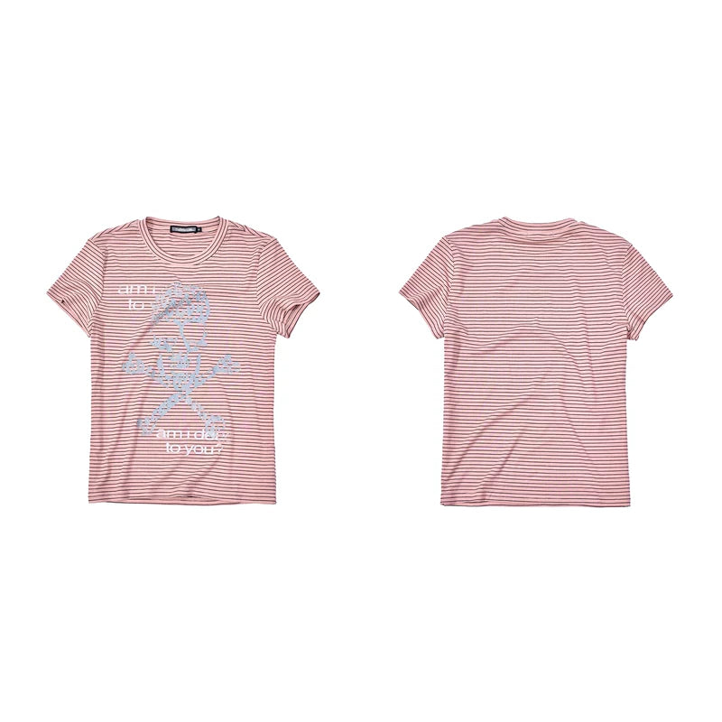 6100548092417,6100548092418,6100548092419,6100548092420, Striped Skull Rhinestone Print T-Shirt
