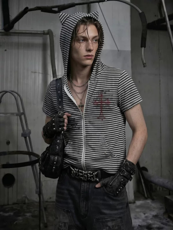 Striped Slim Fit Hooded Zipper Top 2