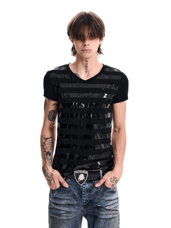 Striped Star Print V-Neck T-Shirt 1