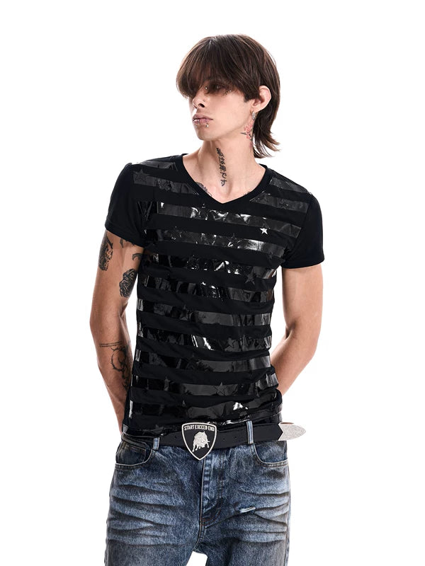 Striped Star Print V-Neck T-Shirt 2