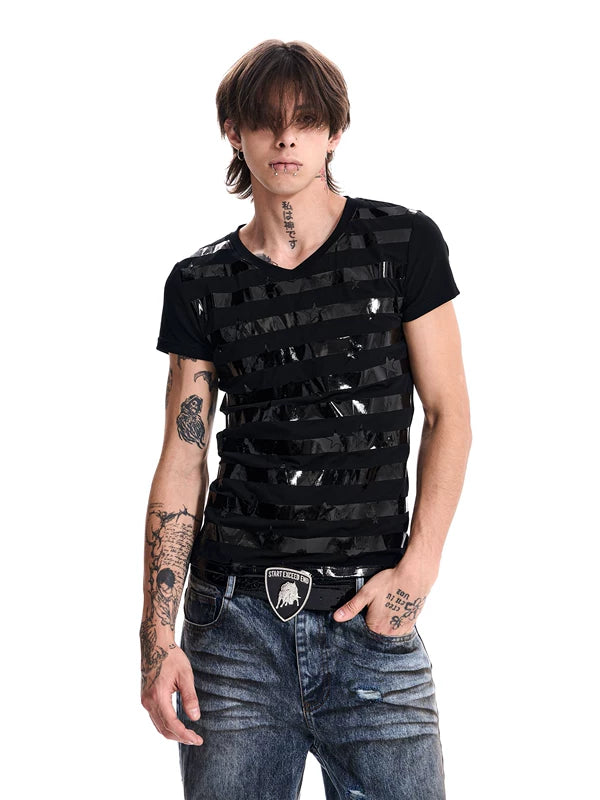 Striped Star Print V-Neck T-Shirt 3