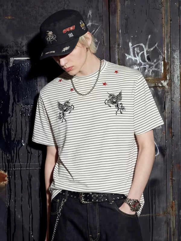 Striped Unicorn Embroidered Short-Sleeve T-Shirt 1