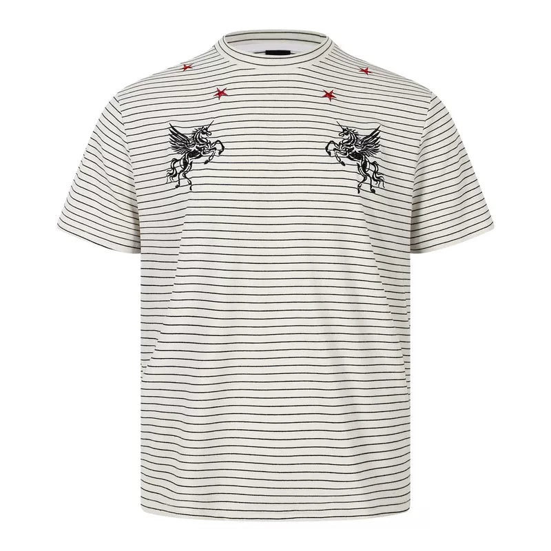 6064502192643,6064502192645,6064502192647, Striped Unicorn Embroidered Short-Sleeve T-Shirt