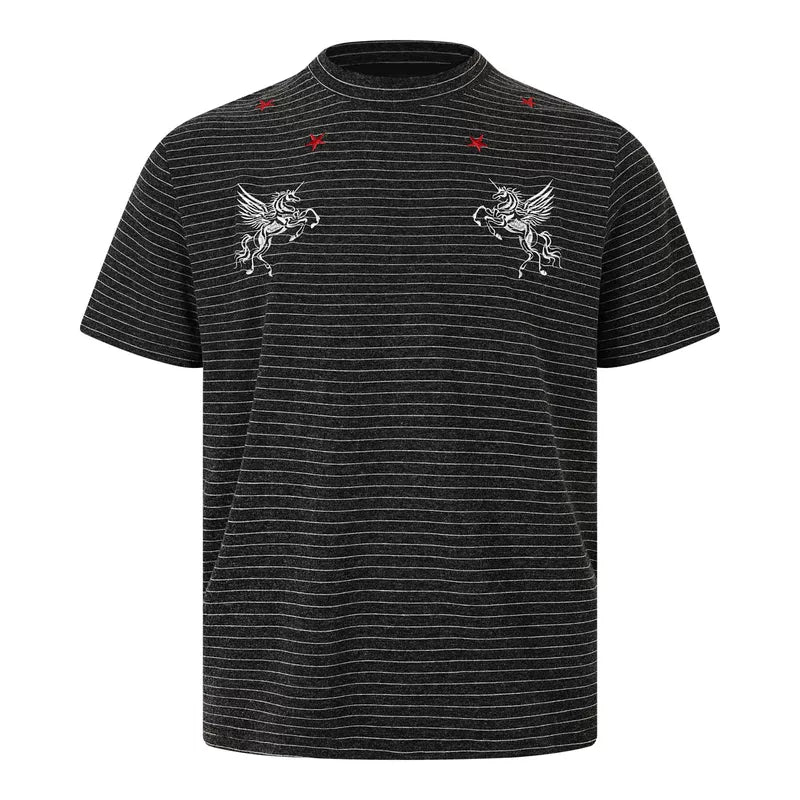 6064502192644,6064502192646,6064502192648, Striped Unicorn Embroidered Short-Sleeve T-Shirt