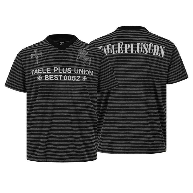 6230109259364,6230109259365,6230109259366,6230109259367, Striped V-Neck Graphic Rhinestone T-Shirt