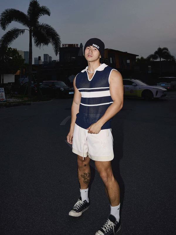 Striped V-Neck Mesh Knit Vest 2