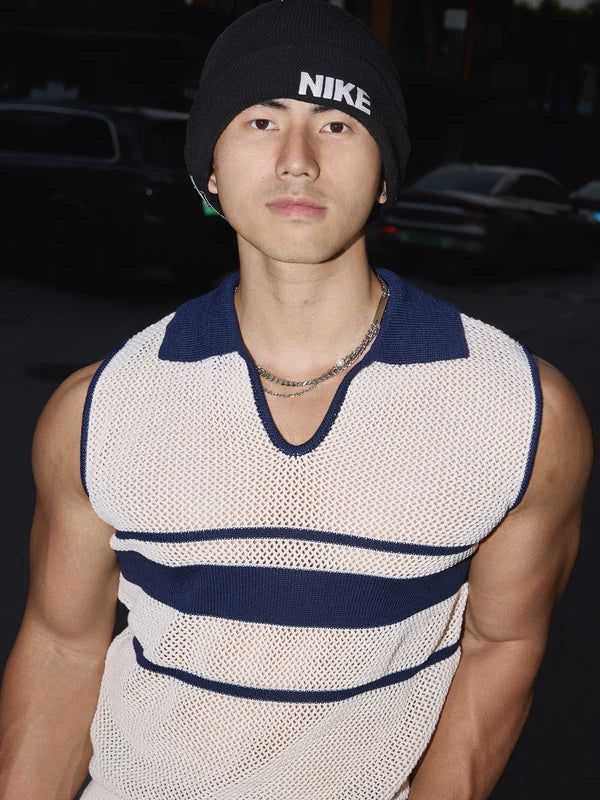 Striped V-Neck Mesh Knit Vest 5