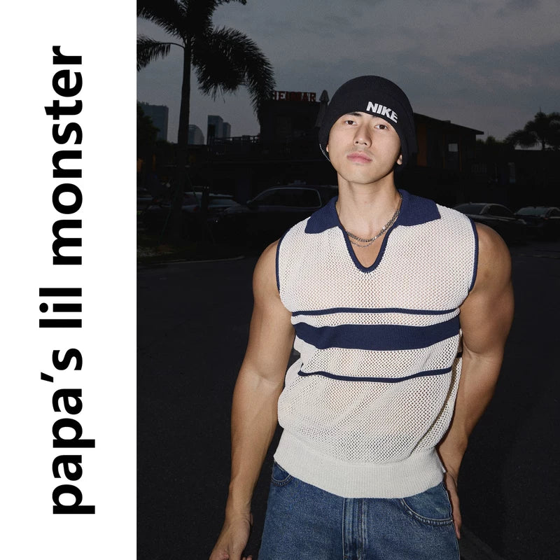 6231775942800,6231775942801,6231775942802, Striped V-Neck Mesh Knit Vest