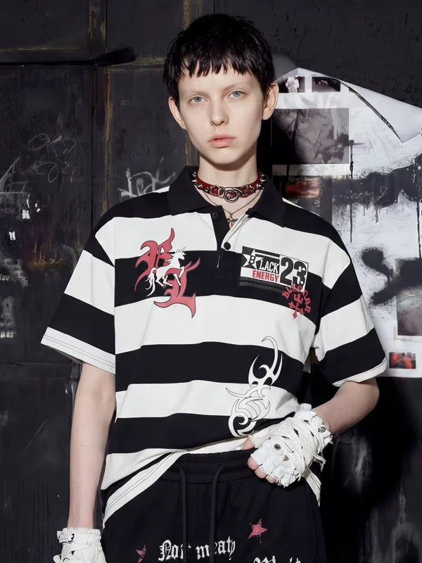 Striped Y2K Graphic Polo T-Shirt 2