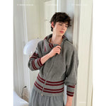 Striped Zip Front High-Neck Knit Sweater 1