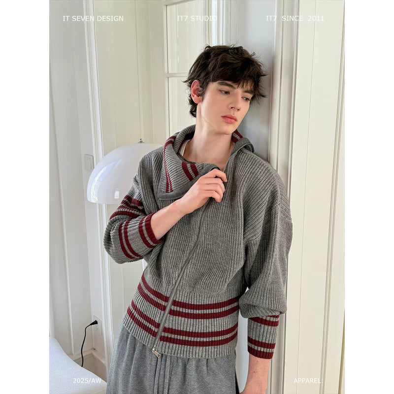 Striped Zip Front High-Neck Knit Sweater 1