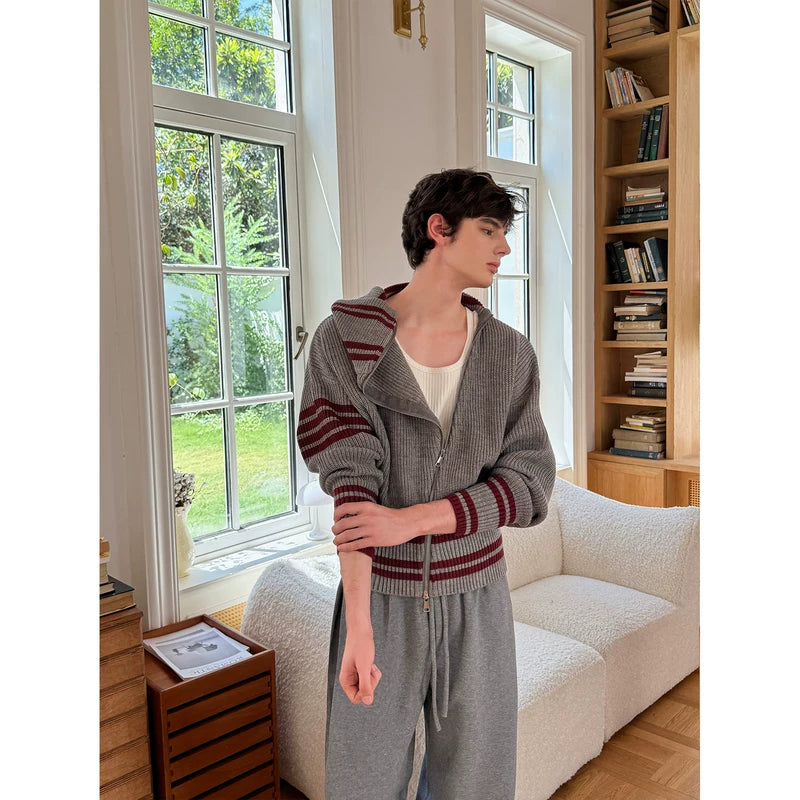 Striped Zip Front High-Neck Knit Sweater 3