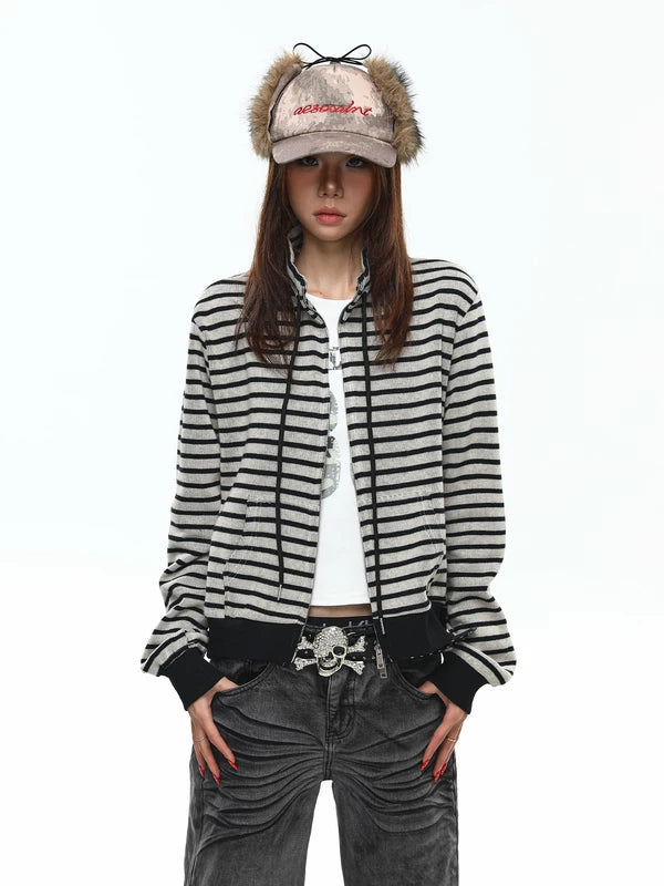 Striped Zip-Up High Neck Hoodie 1