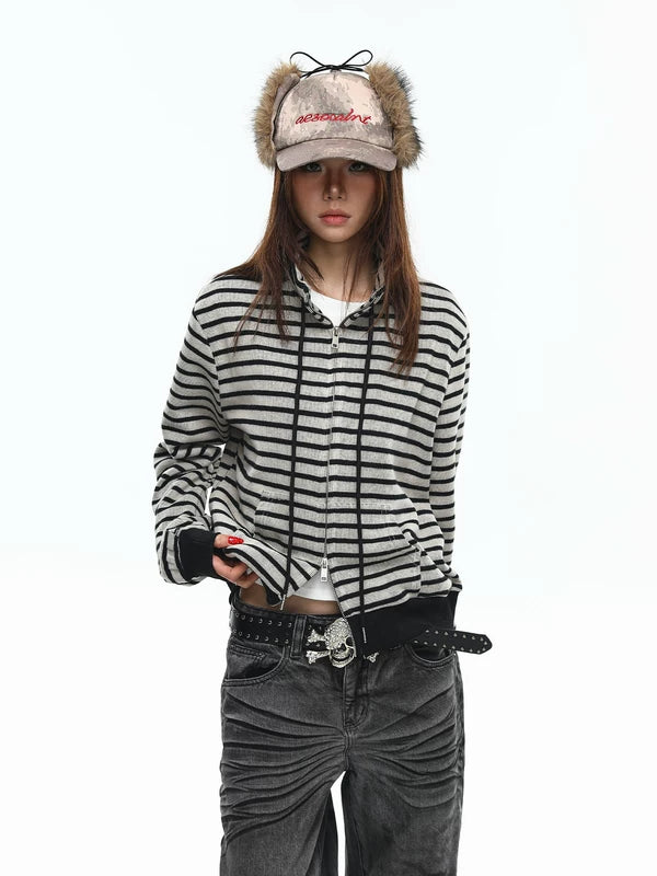 Striped Zip-Up High Neck Hoodie 2