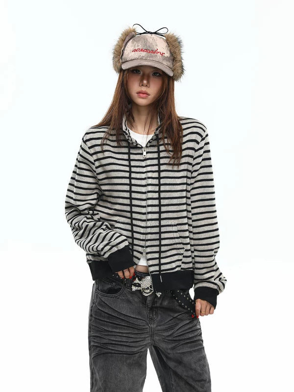 Striped Zip-Up High Neck Hoodie 3
