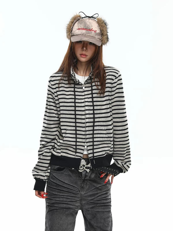 Striped Zip-Up High Neck Hoodie 4