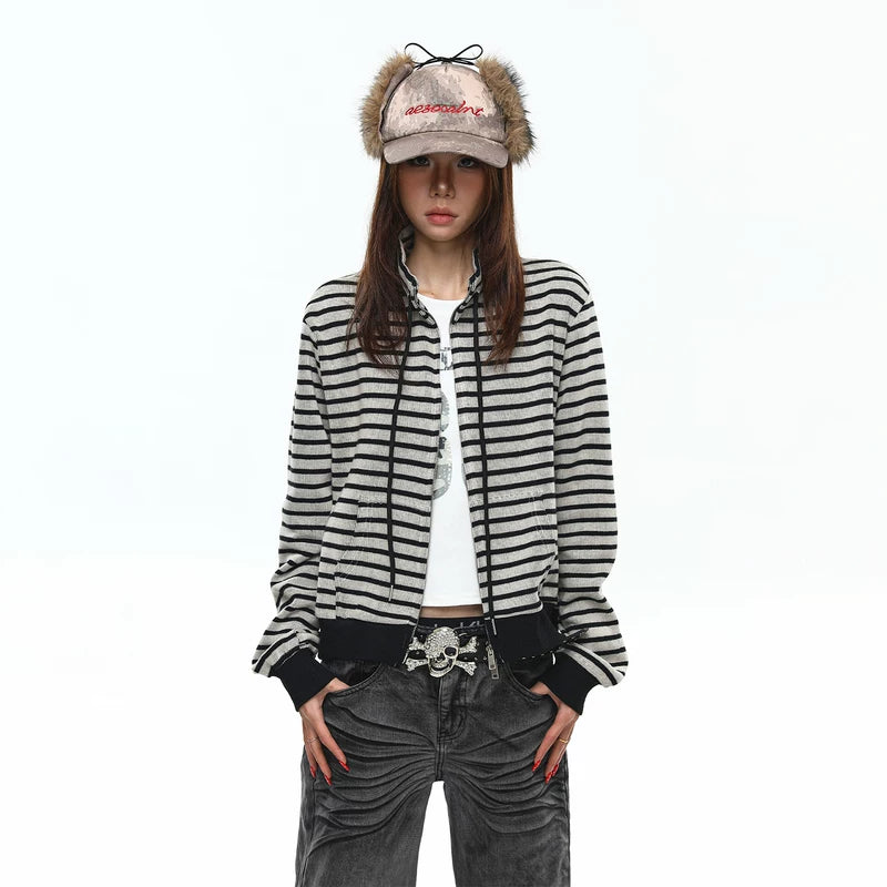 6025494704612,6025494704613,6025494704614,6025494704615, Striped Zip-Up High Neck Hoodie